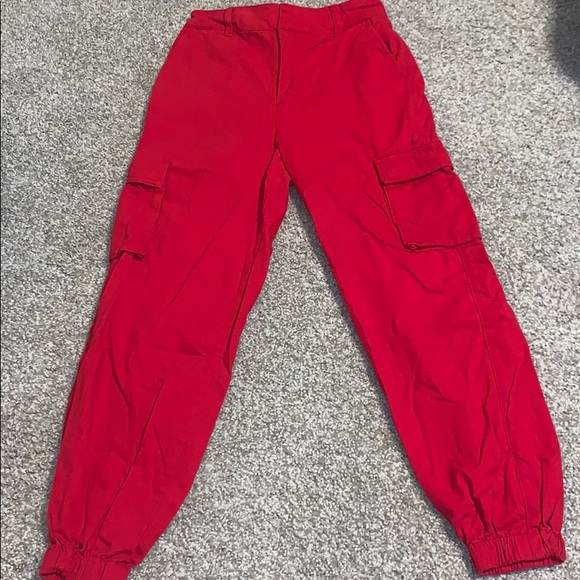 red utility pants